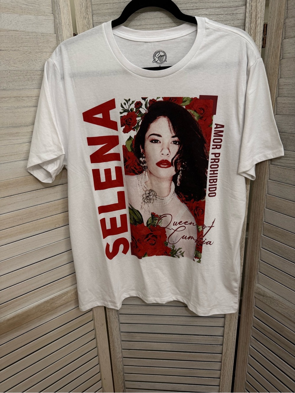 Selena White Graphic Tee with Red Floral Portrait